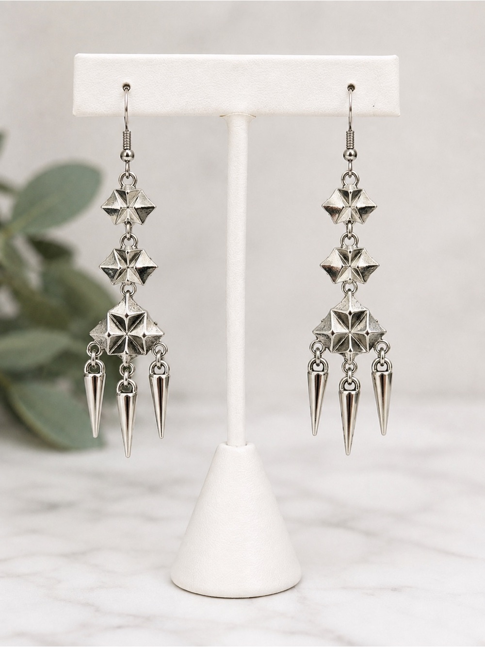 Silver Tone Studded Spike Dangle Statement Earrings